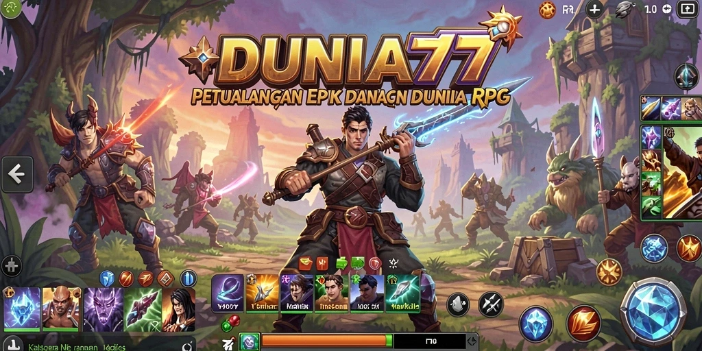 Screenshot gameplay utama DUNIA77 menampilkan aksi pertempuran RPG yang seru.