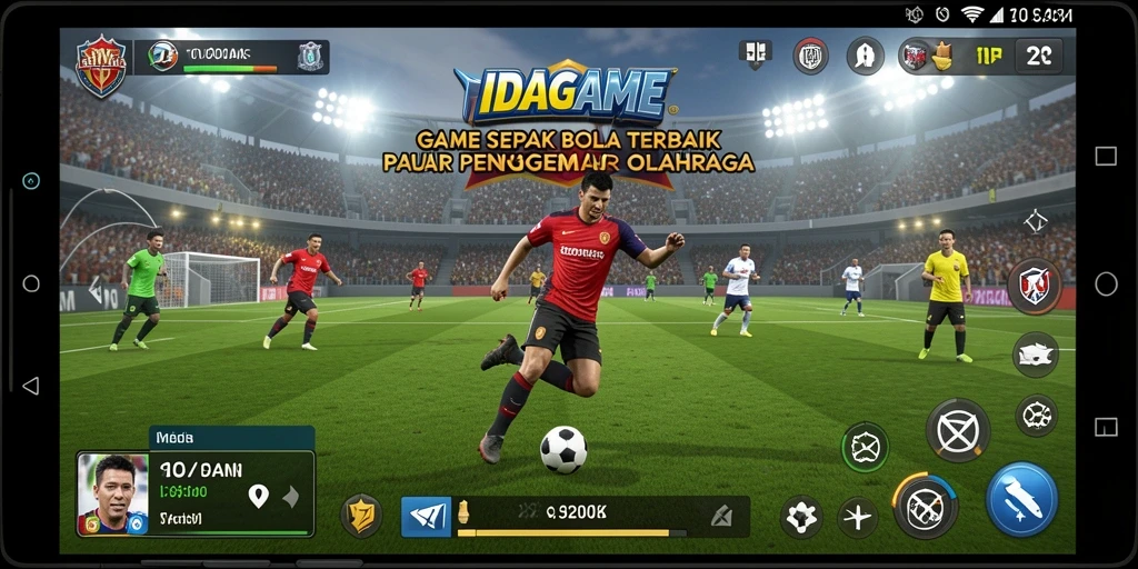 Screenshot utama IDAGAME menampilkan aksi menyerang dalam pertandingan sepak bola yang seru.