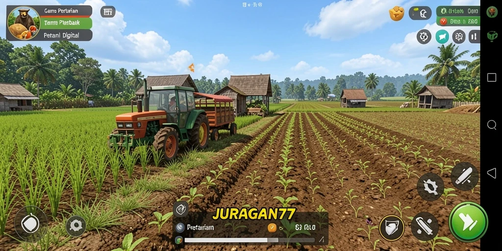 Tampilan gameplay dari JURAGAN77 dengan grafis menarik dan aktivitas bertani.