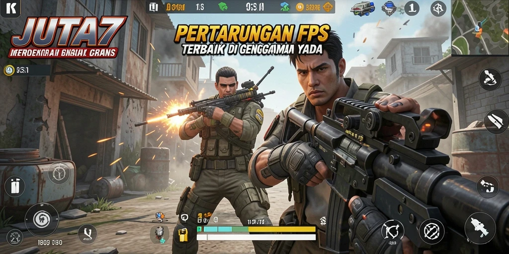 Gambar tampilan gameplay mendebarkan dari JUTA7 dengan aksi tembak-menembak.