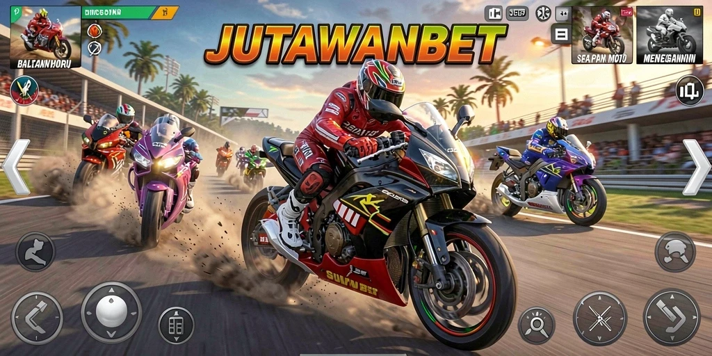 Screenshot gameplay JUTAWANBET dengan aksi balapan motor yang seru.