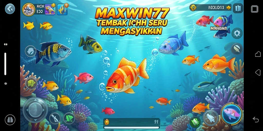 Screenshot gameplay MAXWIN77 menampilkan momen menembak ikan yang seru.