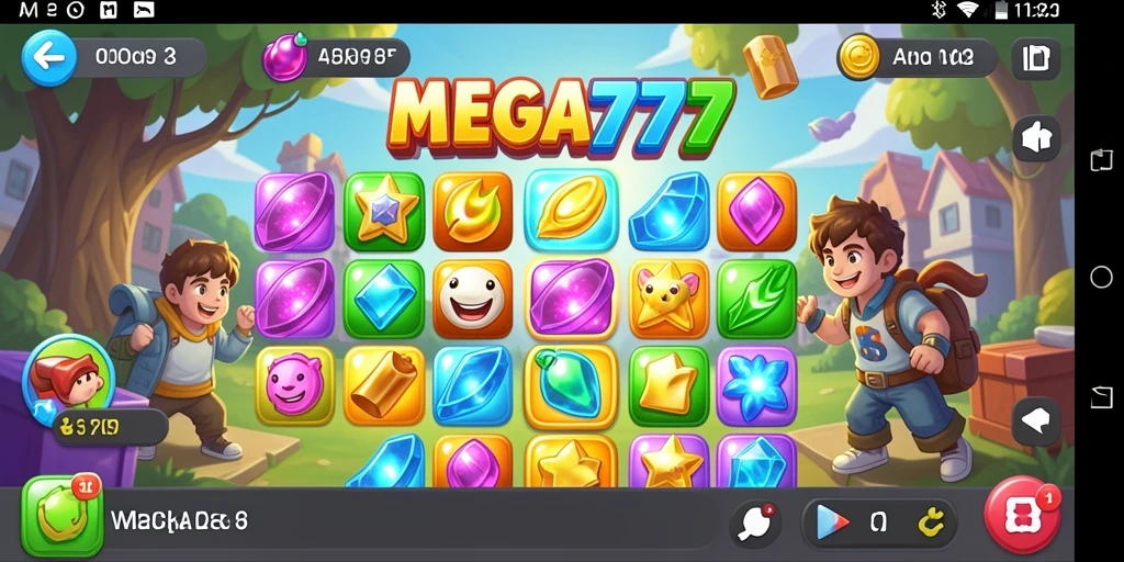 Tangkapan layar MEGA777 menunjukkan gameplay Match-3 yang seru dan penuh warna.