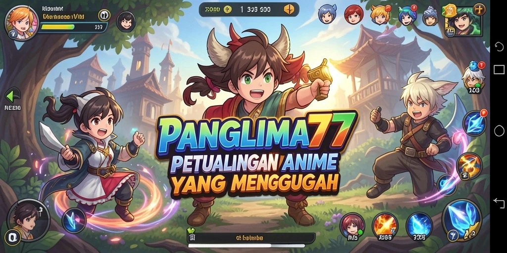 Tampilan gameplay <strong>PANGLIMA77</strong> yang menakjubkan dengan karakter anime yang dinamis.