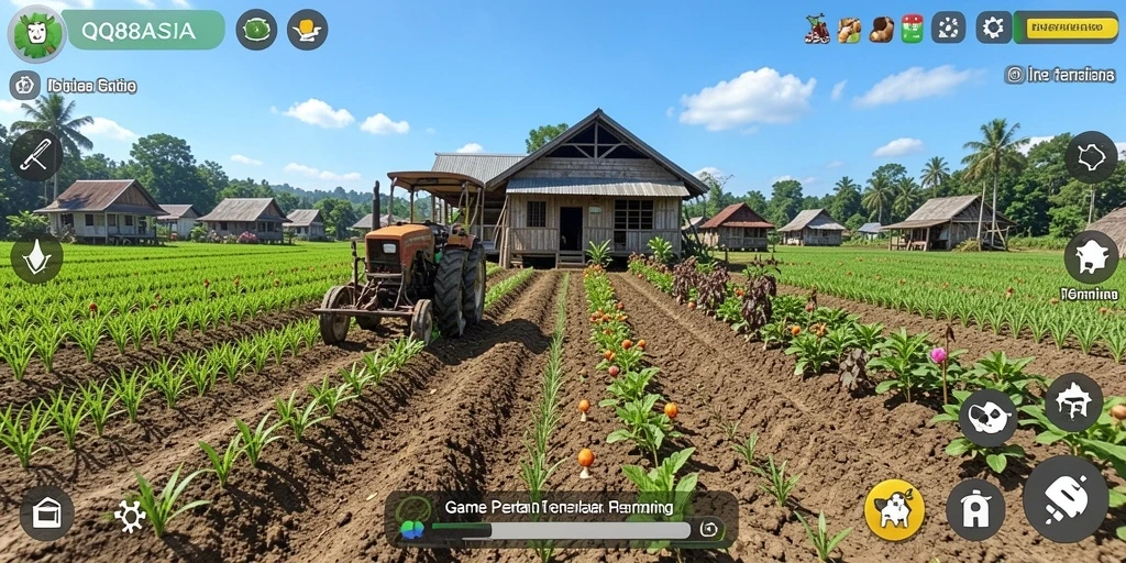 Gameplay QQ88ASIA yang menampilkan ladang hijau subur dengan tanaman dan hewan.