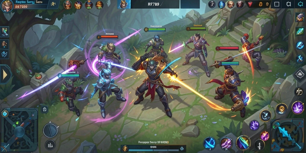 Tampilan gameplay dramatis dari RR789 dalam pertempuran MOBA.